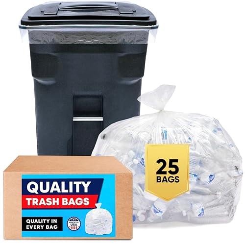 Veska 95 Gallon Trash Bags Clear (Huge 25 Count w/Ties) 95-96 Gallon Extra Large Garbage Bags, Clear Recycling Trash Bags, 90 Gallon