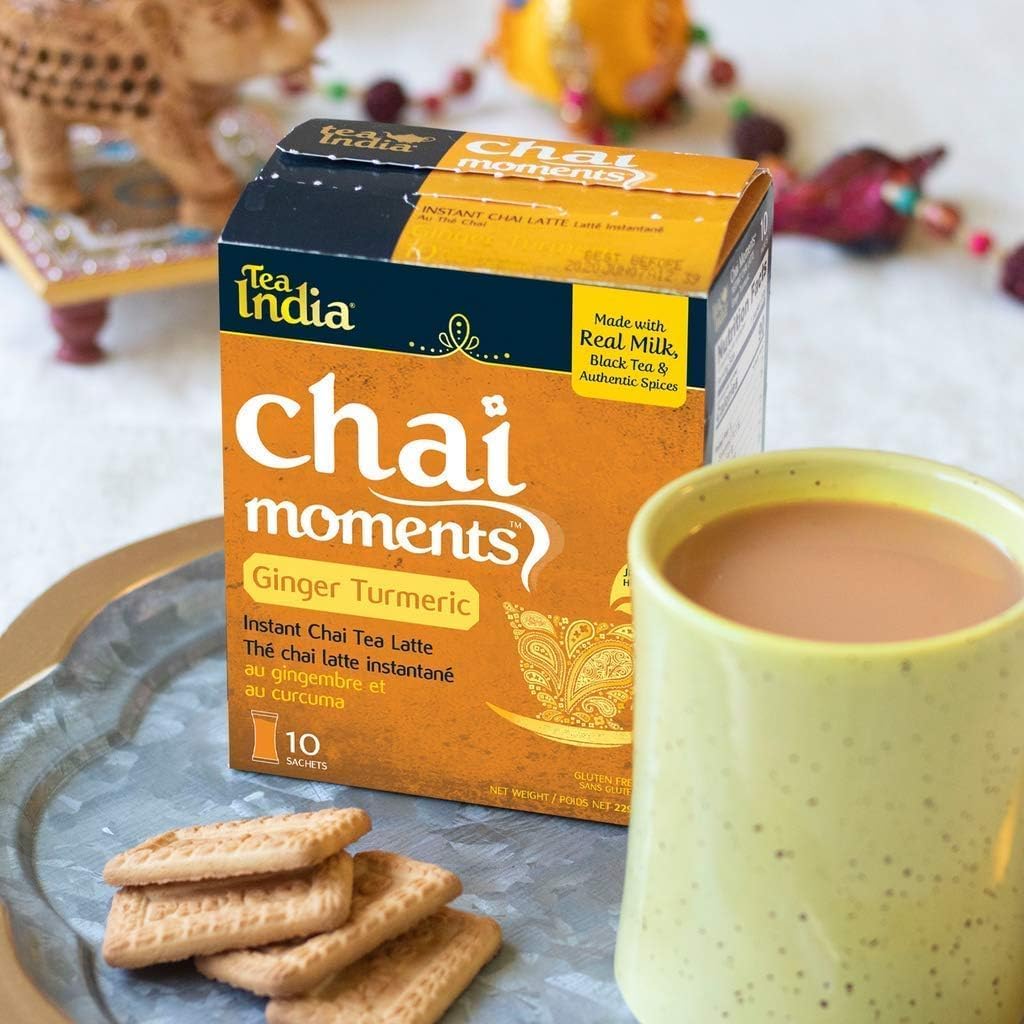 Tea India Chai Moments Ginger Turmeric Chai Tea Instant Latte Mix Flavorful Blend Of Premium Black Tea, Cardamom & Natural Ingredients Traditional