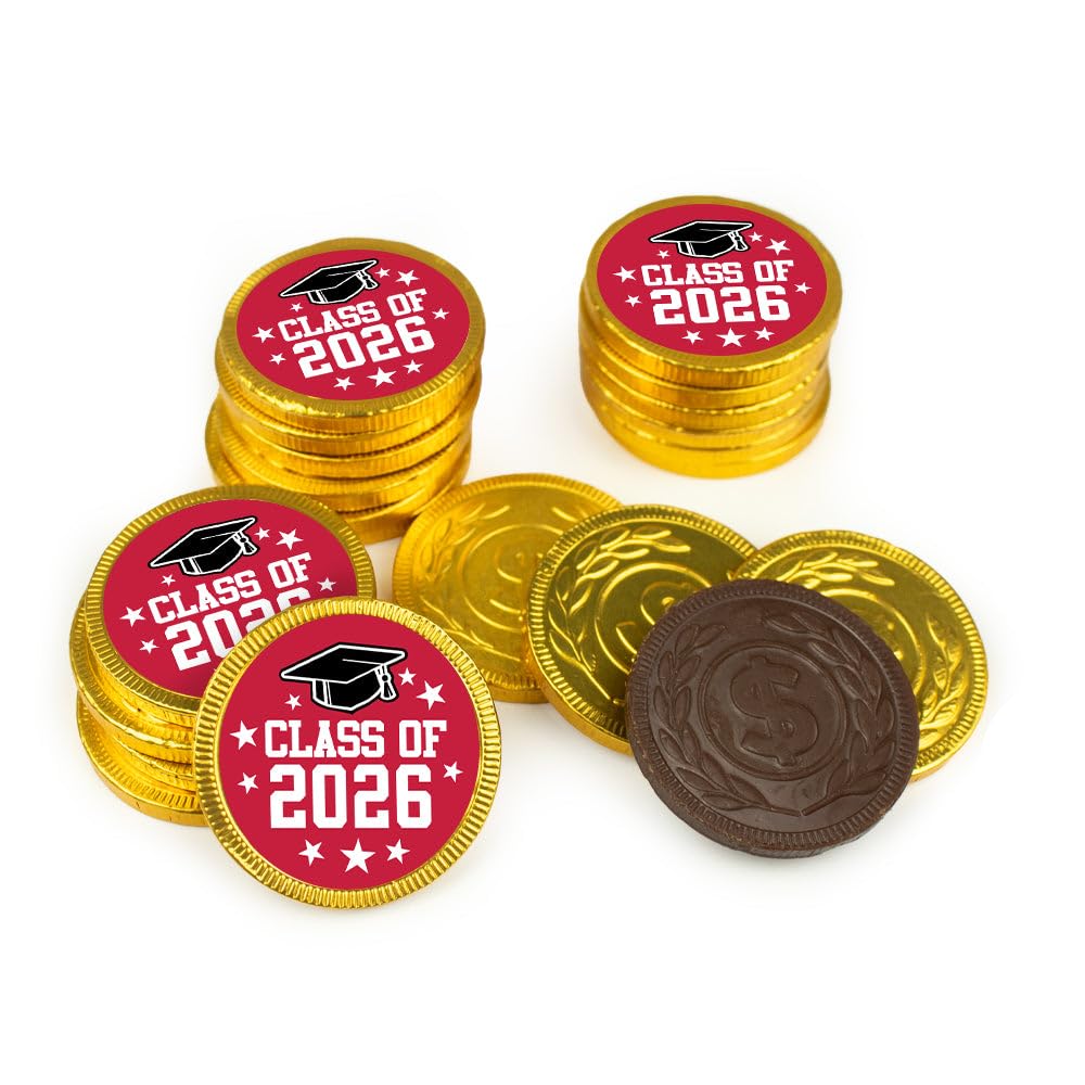 80 Pack Class of 2026 Graduation Stickered Gold Foiled Chocolate Coins - Candy Party Favors For Graduation Celebrations, Table Decoration & Gift Bags