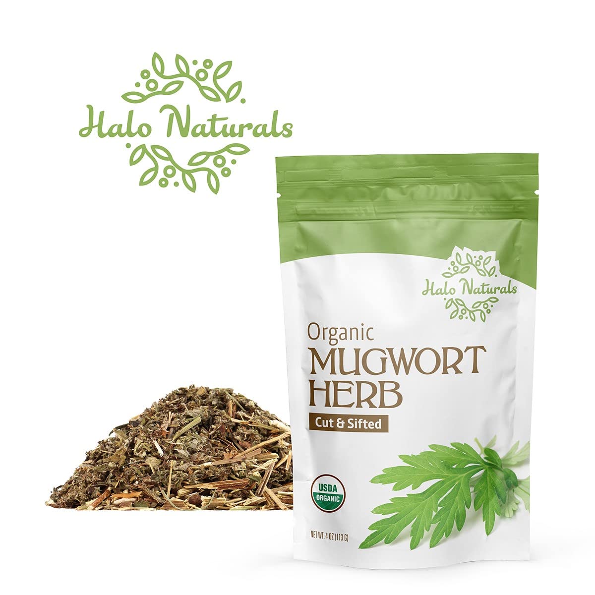 Halo Naturals Organic Mugwort Herb Cut & Sifted, 4 Ounces (Artemisia vulgaris) USDA Certified | Resealable Pouch| Packaged in The USA (Pack of 1)