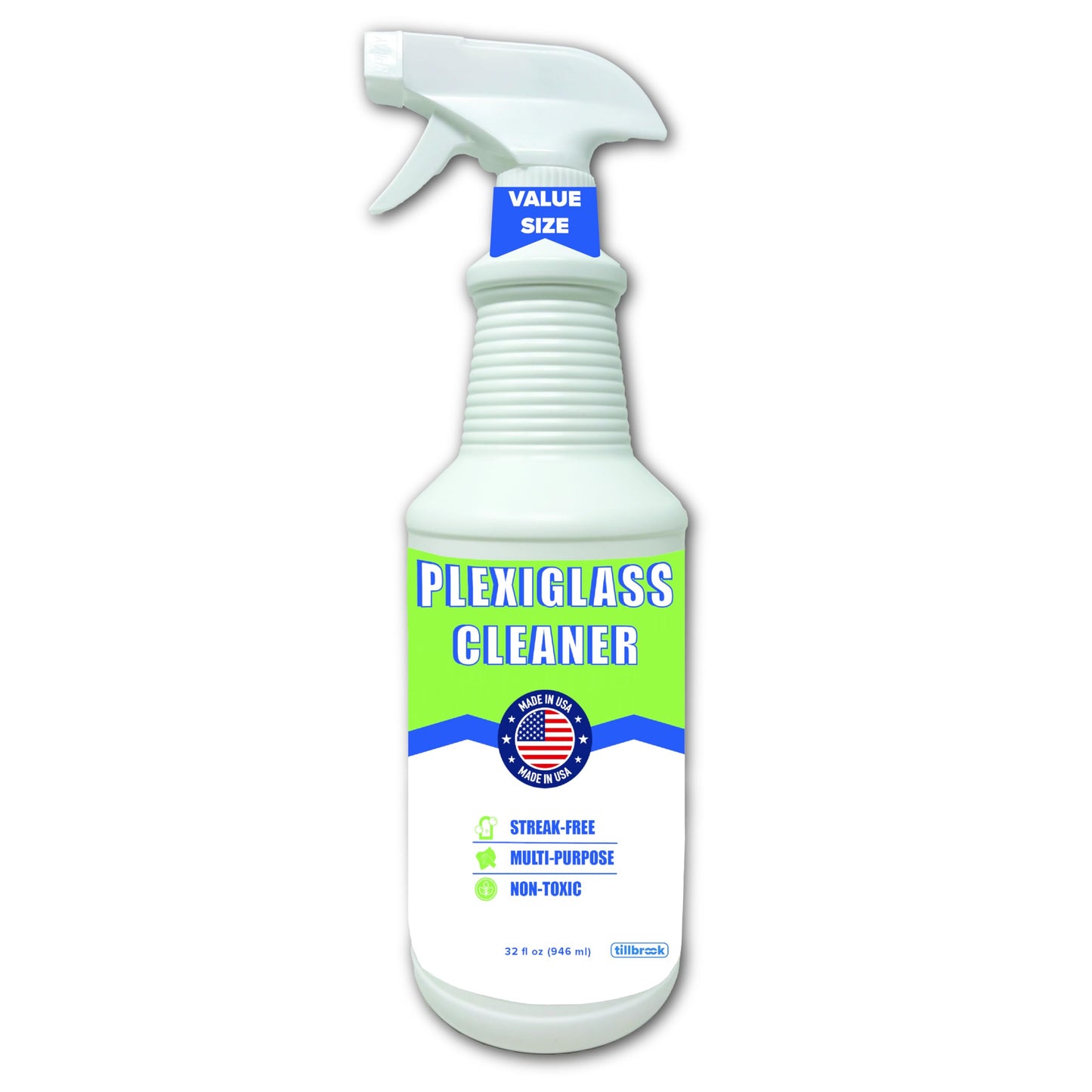 Tillbrook Plexiglass Cleaner - 32 oz Acrylic Cleaner for Plexi glass, Plastic, Vinyl, Fiberglass, and More - Universal, Streak-free, Non-Toxic, Spray