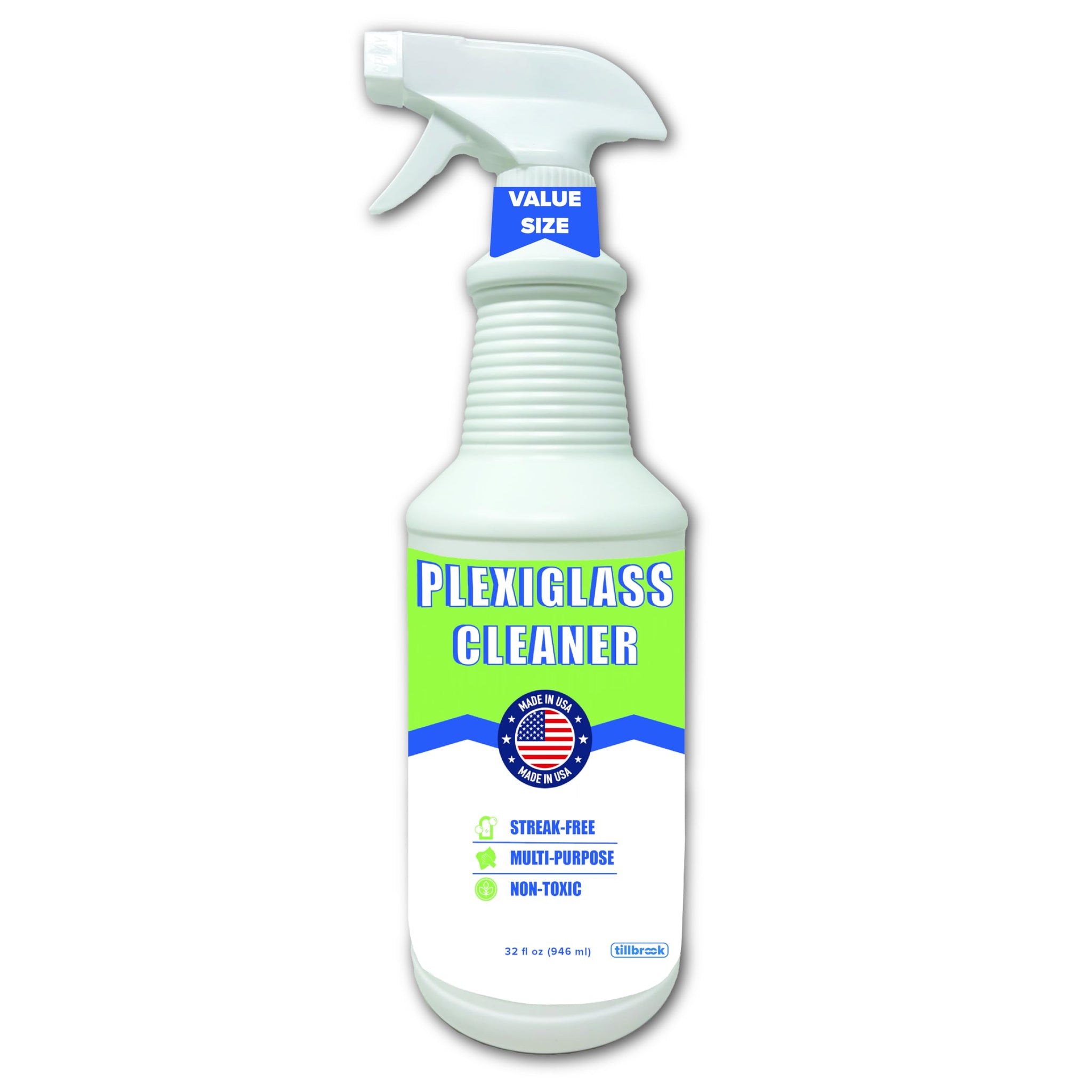 Tillbrook Plexiglass Cleaner - 32 oz Acrylic Cleaner for Plexi glass, Plastic, Vinyl, Fiberglass, and More - Universal, Streak-free, Non-Toxic, Spray