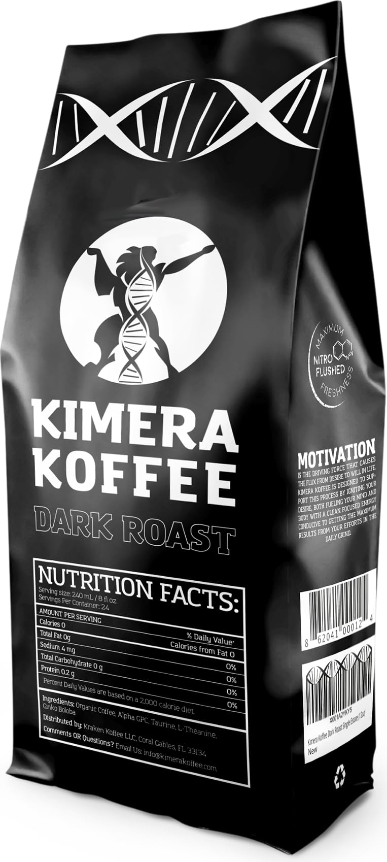 Kimera Koffee Dark Roast - Organic Bold Nootropic Coffee with Alpha-GPC, Taurine, DMAE, L-Theanine, 12oz Ground