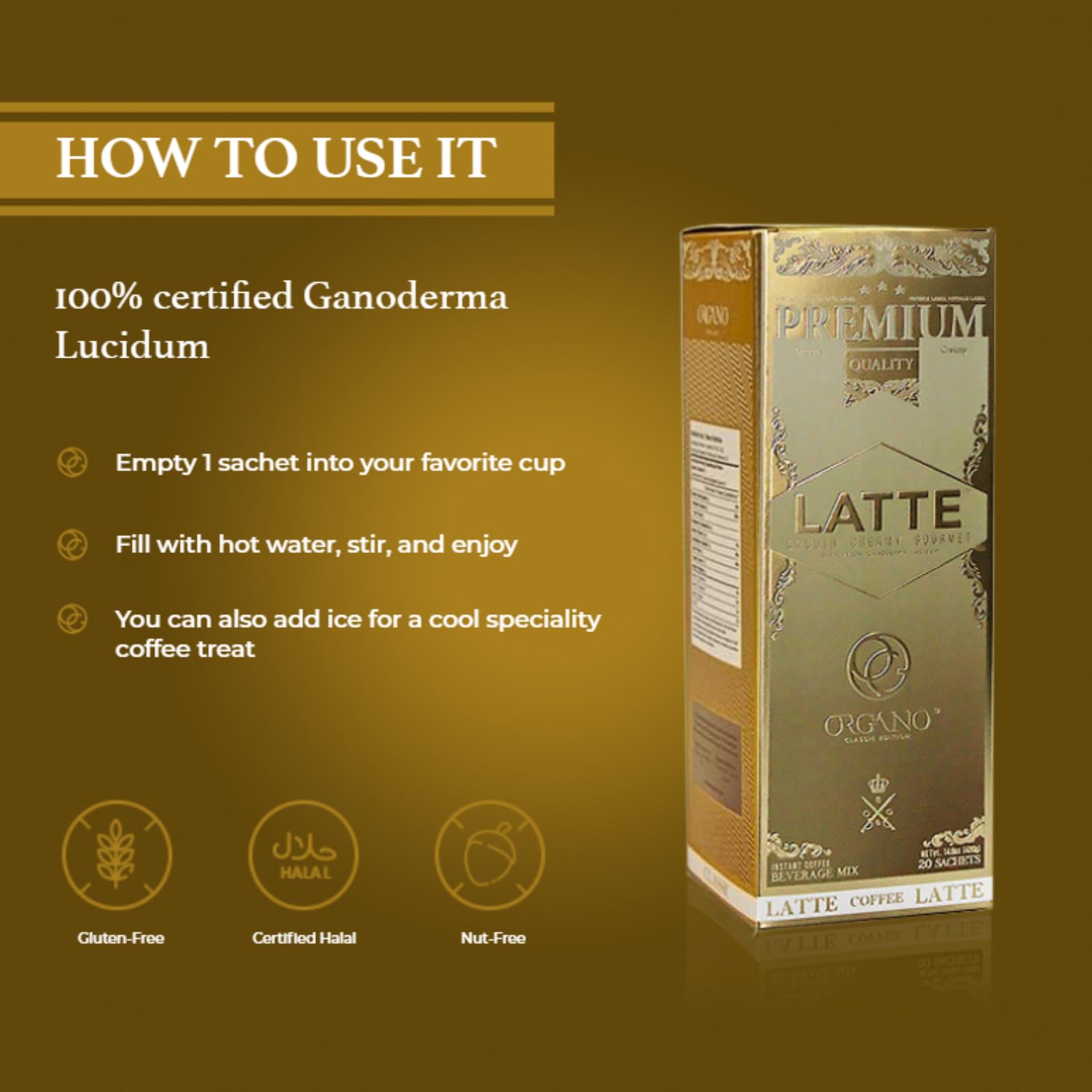 4 Boxes ORGANO Gourmet Cafe Latte,100% Certified Ganoderma Lucidum (80 Sachets)