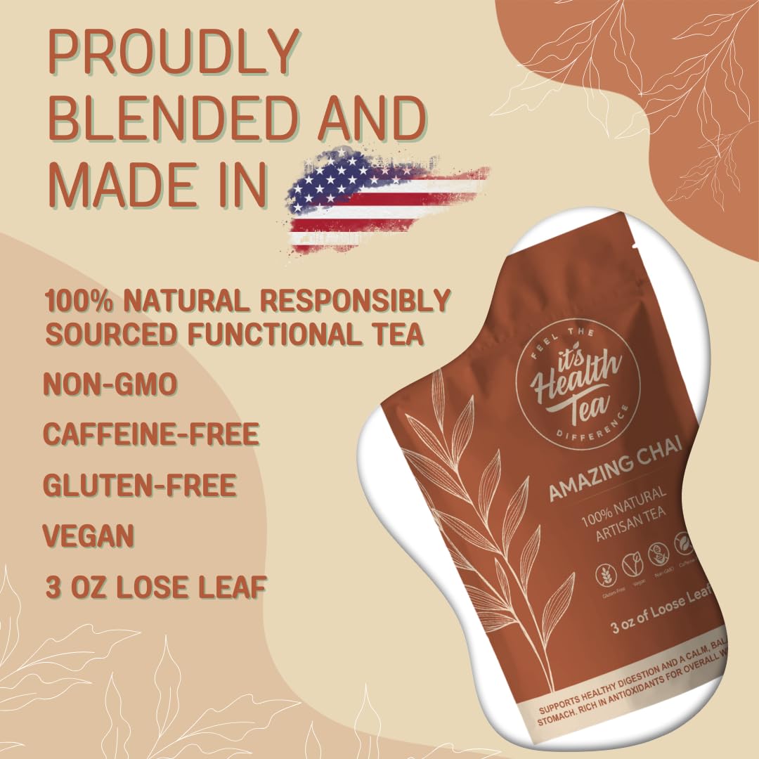Amazing Chai Herbal Tea - Rooibos, Cinnamon, Ginger, Cardamom & Cloves - Caffeine-Free Spiced Blend for Digestive Comfort & Calm Balance - 3 oz Loose
