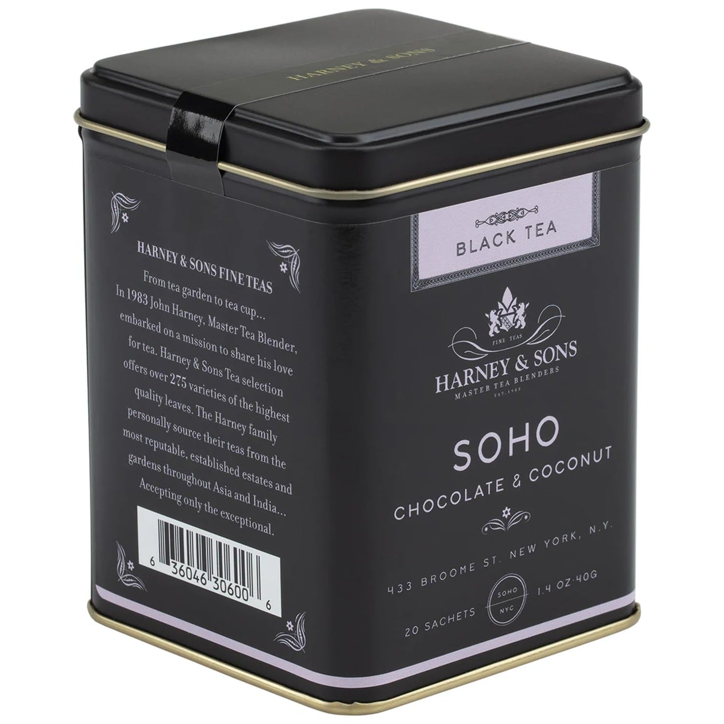 Harney & Sons SoHo Blend Black Tea, Chocolate & Coconut Flavored, 20 Sachets