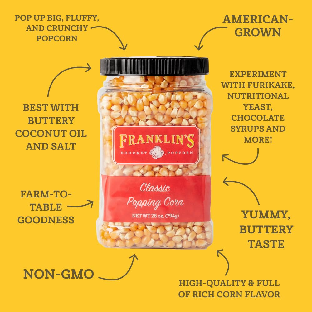 Franklin's Gourmet Popcorn - Classic 28 oz. Popping Kernels, 19 oz. Butter Flavored Popcorn Seasoning Salt, 30 oz. Butter Flavored Coconut Oil