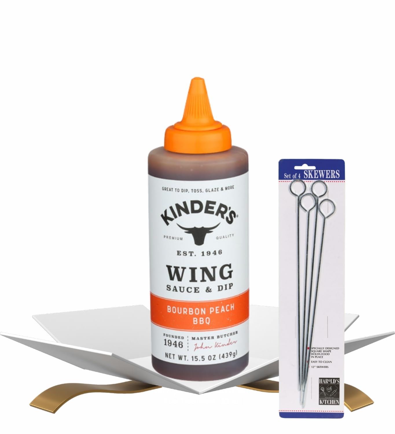Bourbon Peach BBQ Wing Sauce 15.5 oz Bundle with Barbecue Skewers - Rib Glaze Sweet and Smoky Glaze for Grilling, Roasting, and Marinating - Gift Set