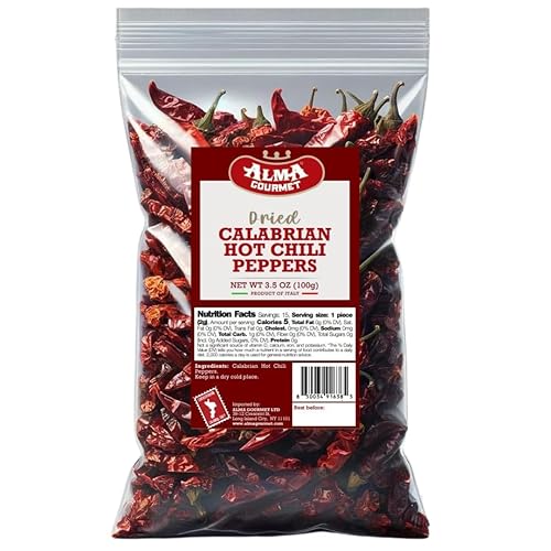Alma Gourmet Whole Dried Calabrian Red Hot Chili Peppers - Peperoncino Secco Calabrese, Authentic Italian Spicy Peppers, Imported from Italy - 100
