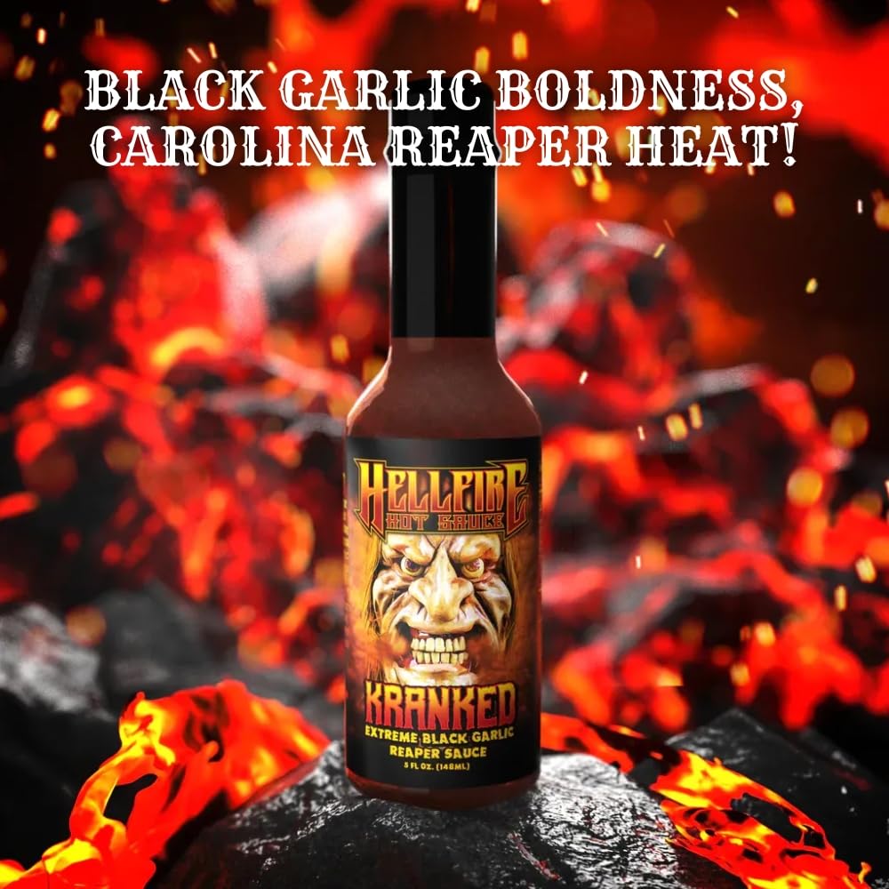 Hellfire Hot Sauce Kranked - Black Garlic and Carolina Reaper Gourmet Hot Sauce, Featured on Hot Ones TV Show, 5 oz.