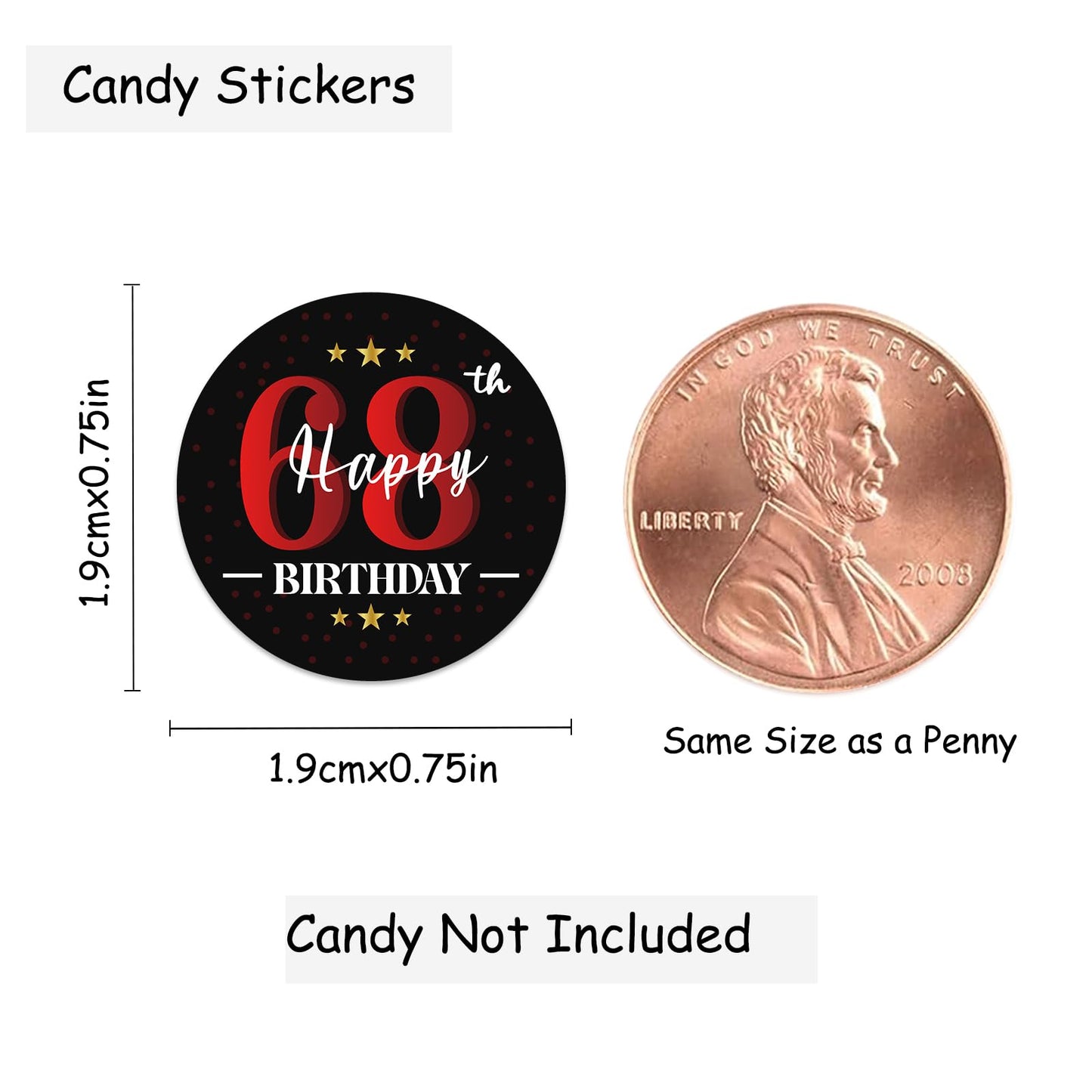 Happy 68th Birthday Party Favor Labels Chocolate Kisses Candy Stickers - 68 Years Old Birthday Round Candy Sticker Party Favors - Black and Red - 150