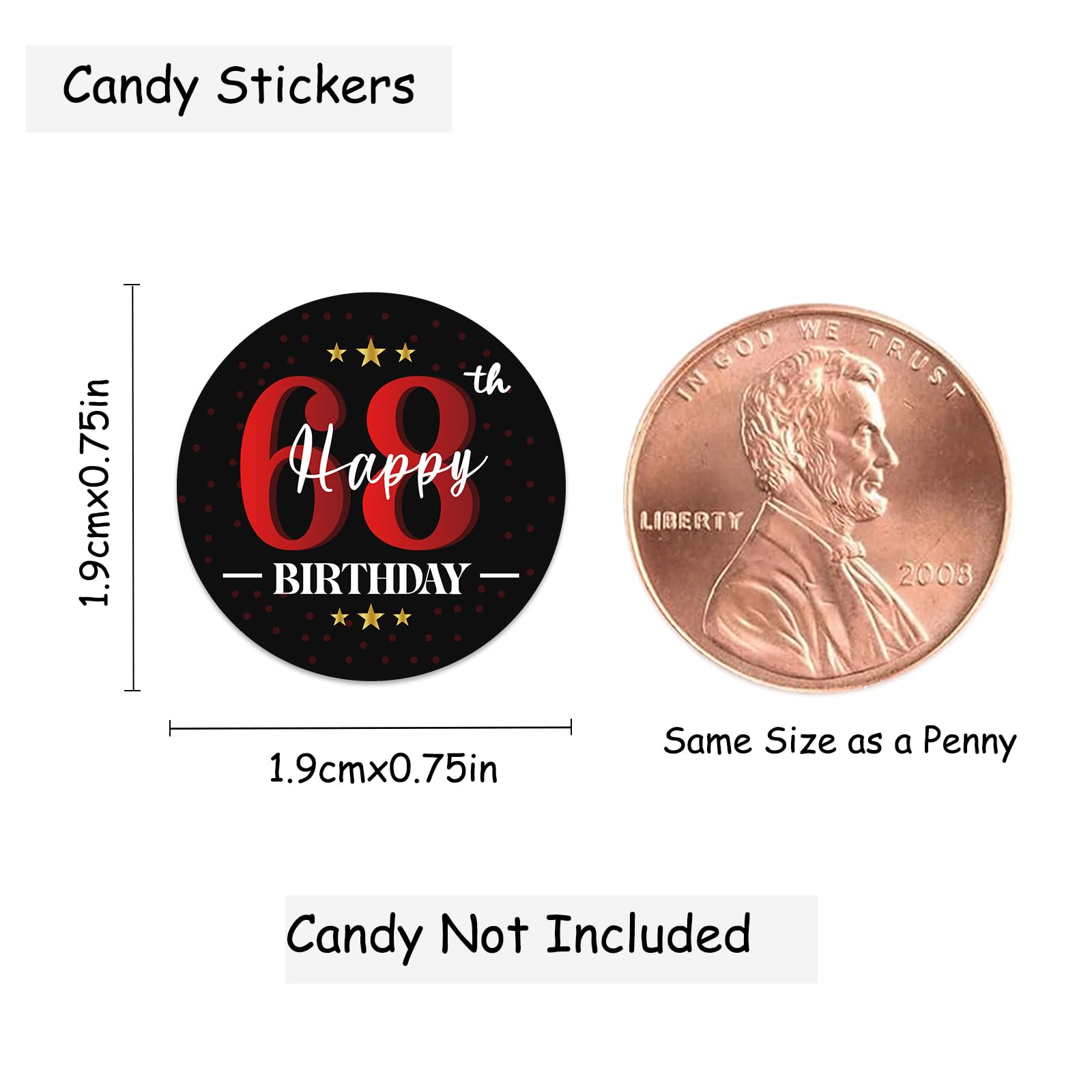 Happy 68th Birthday Party Favor Labels Chocolate Kisses Candy Stickers - 68 Years Old Birthday Round Candy Sticker Party Favors - Black and Red - 150