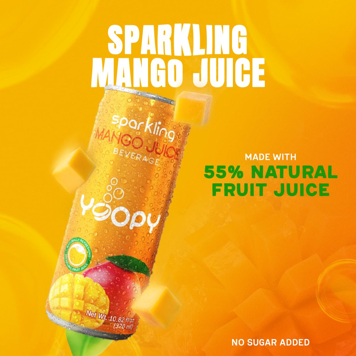 Yoopy Sparkling Mango Juice - 12-Pack (10.82 fl oz Cans) - 55% Mango Juice - No Added Sugar - Natural Hydration with Tropical Flavor - Ideal