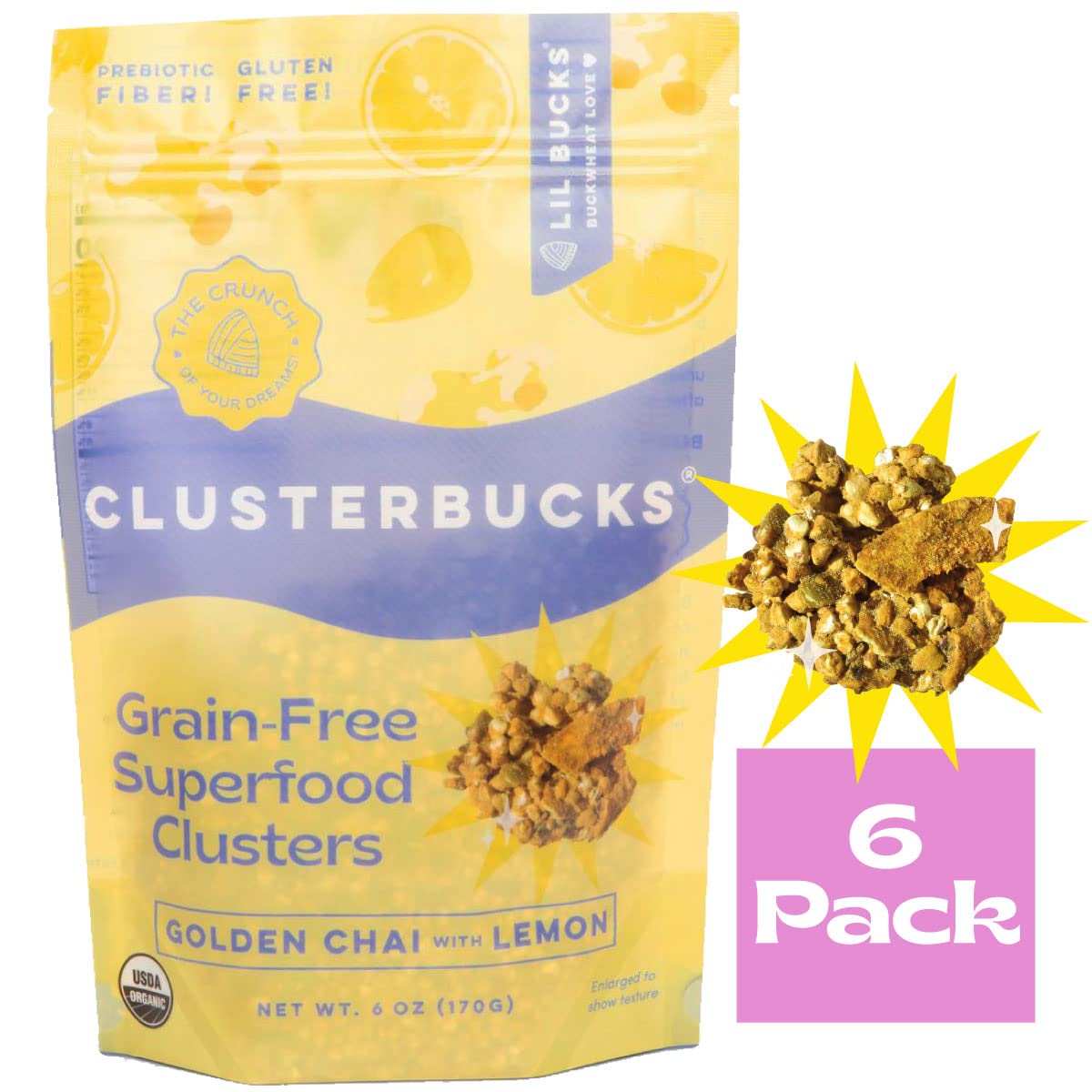 Lil Bucks Clusterbucks Grain-Free Superfood Clusters made with Sprouted Buckwheat and Adaptogens, Gluten Free Snack (Golden Chai w Lemon, 6 Pack)