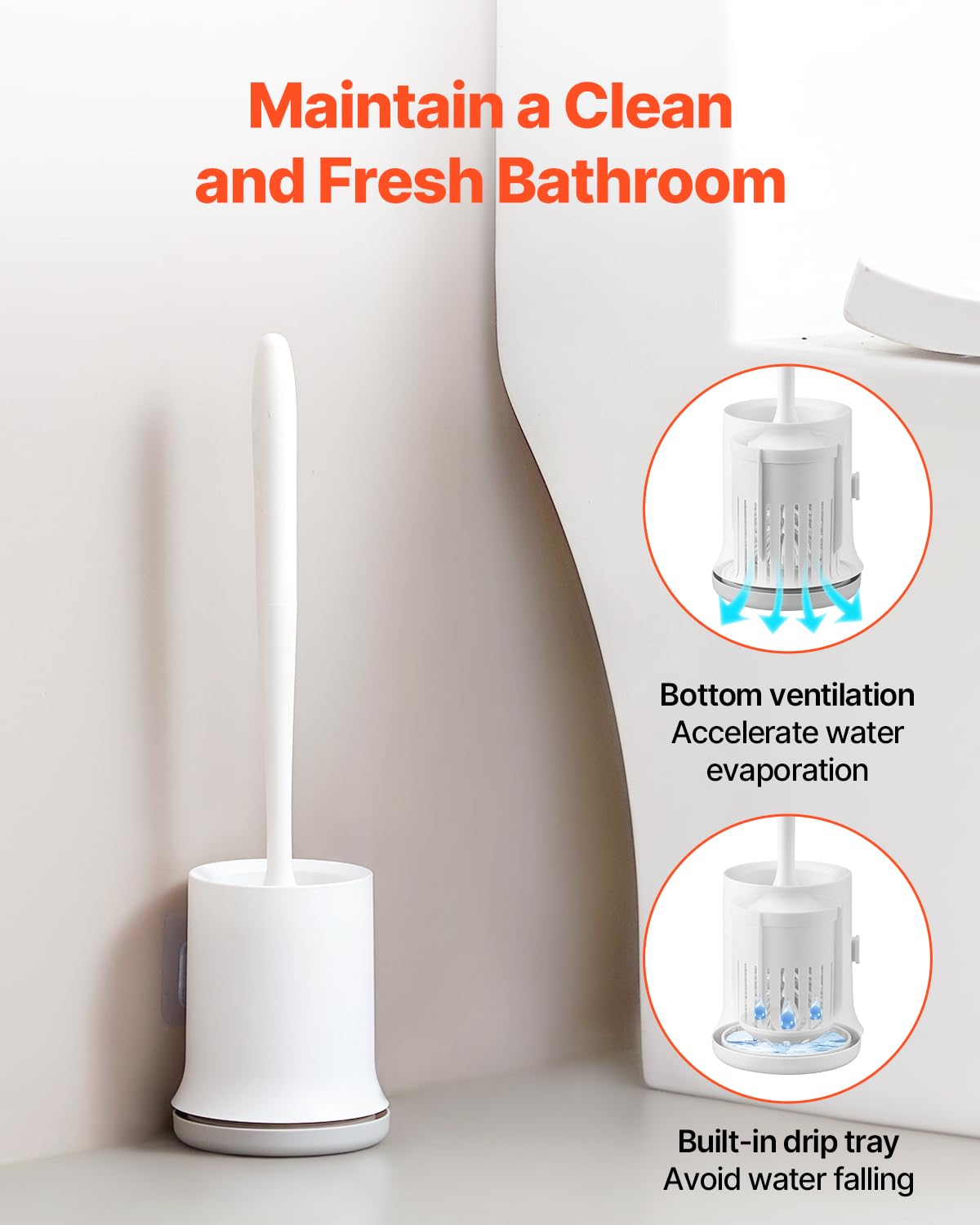 VEVOR Toilet Brush and Holder Set, Toilet Bowl Brush and Holder with Comfortable PP Handle, Compact Bathroom Scrubber Cleaner, Deep Cleaning