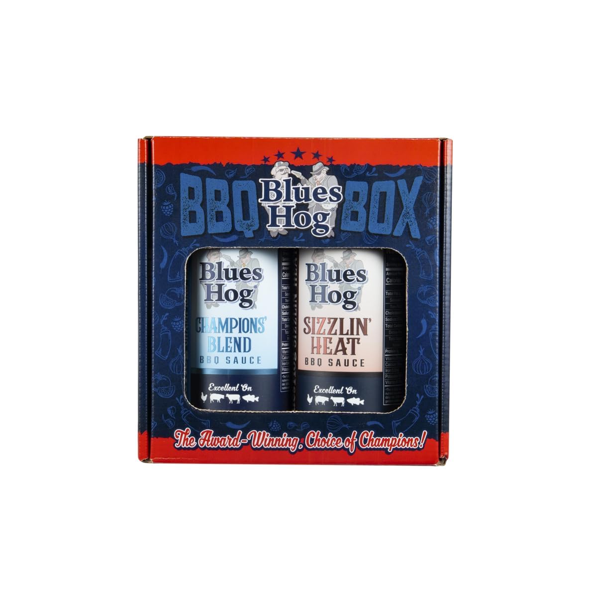 Blues Hog Sauce Barbecue Sauce Box, Champions' Blend 24 oz and Sizzlin' Heat 22 oz Duo Pack, Variety Pack Sampler, Gift Set, All-Natural & Gluten