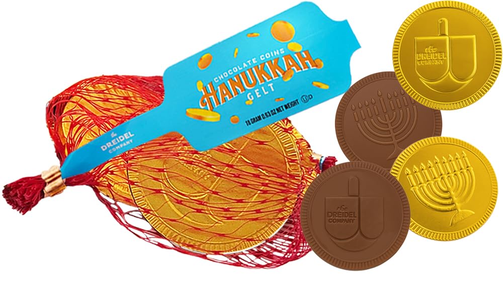 The Dreidel Company Hanukkah Chocolate Gelt Gold Coins In Mesh Bag, Milk Chocolate Coins, Kosher Certified (200 Bags)