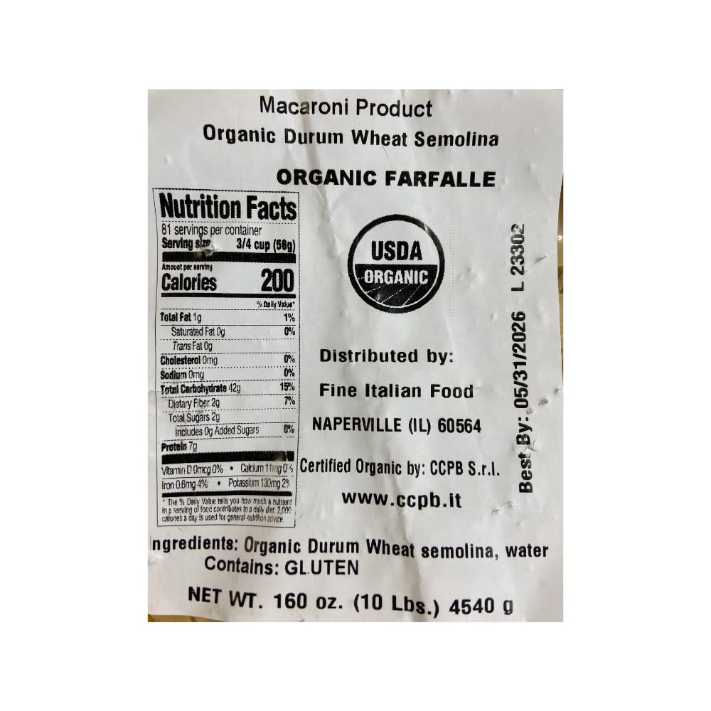 Mantova Organic Farfalle Pasta, 160 oz. (10 lbs.) (Pack of 1), Product of Italy, Traditional, Bronze-Die, Slow-Dried Bow Tie Pasta, Made with 100%