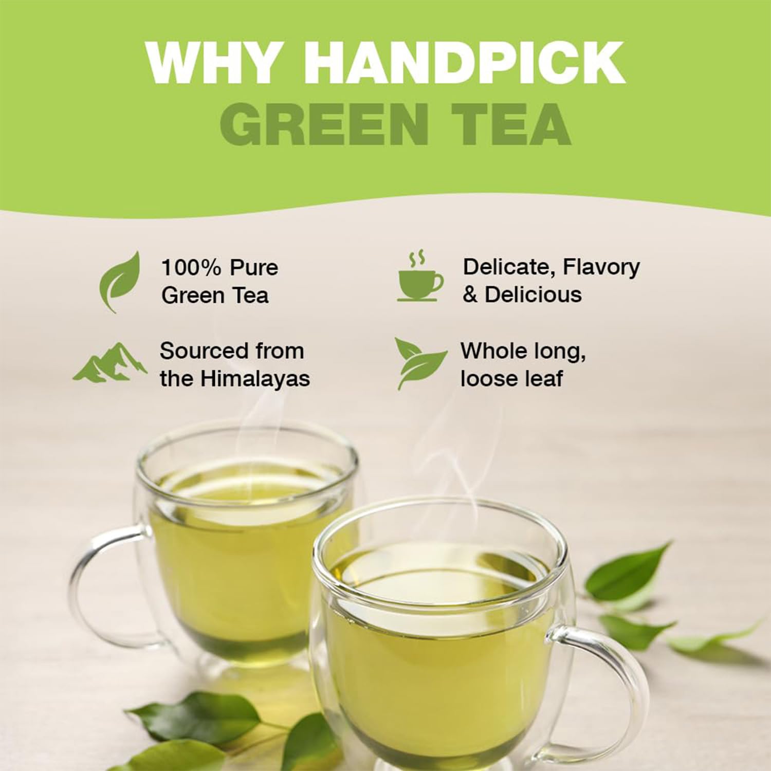 HANDPICK, Green Tea Loose Leaf (255g/9oz) 127 Cups | Non-GMO, 100% Pure Green Tea Leaves Sourced from Himalayas, India | Resealable Ziplock Pouch