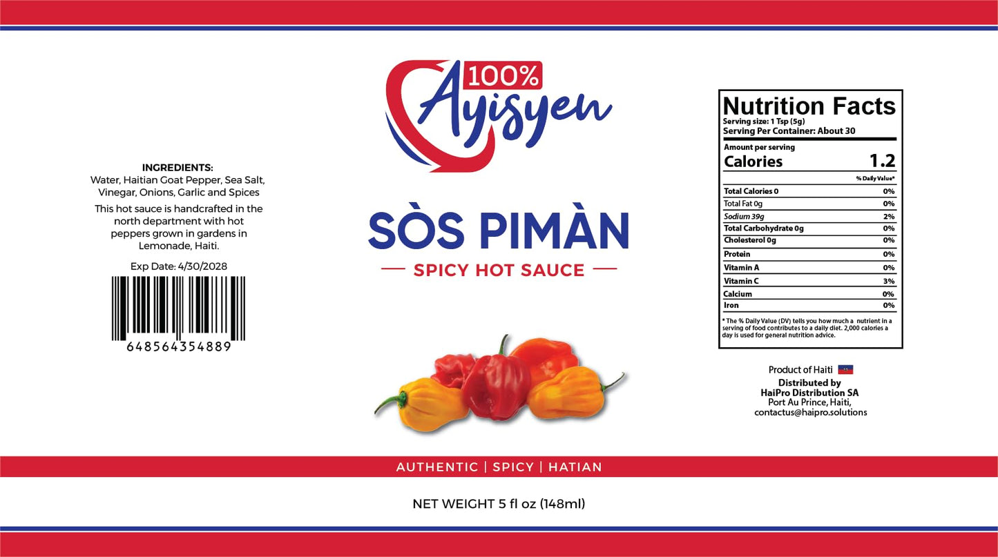 Sòs Pimàn Spicy Hot Sauce, Authentic Haitian, Haitian Goat Pepper, 5 fl oz, 100% Ayisyen
