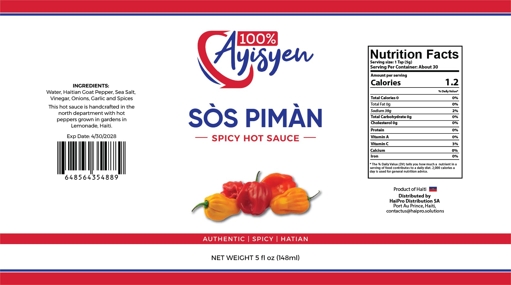 Sòs Pimàn Spicy Hot Sauce, Authentic Haitian, Haitian Goat Pepper, 5 fl oz, 100% Ayisyen