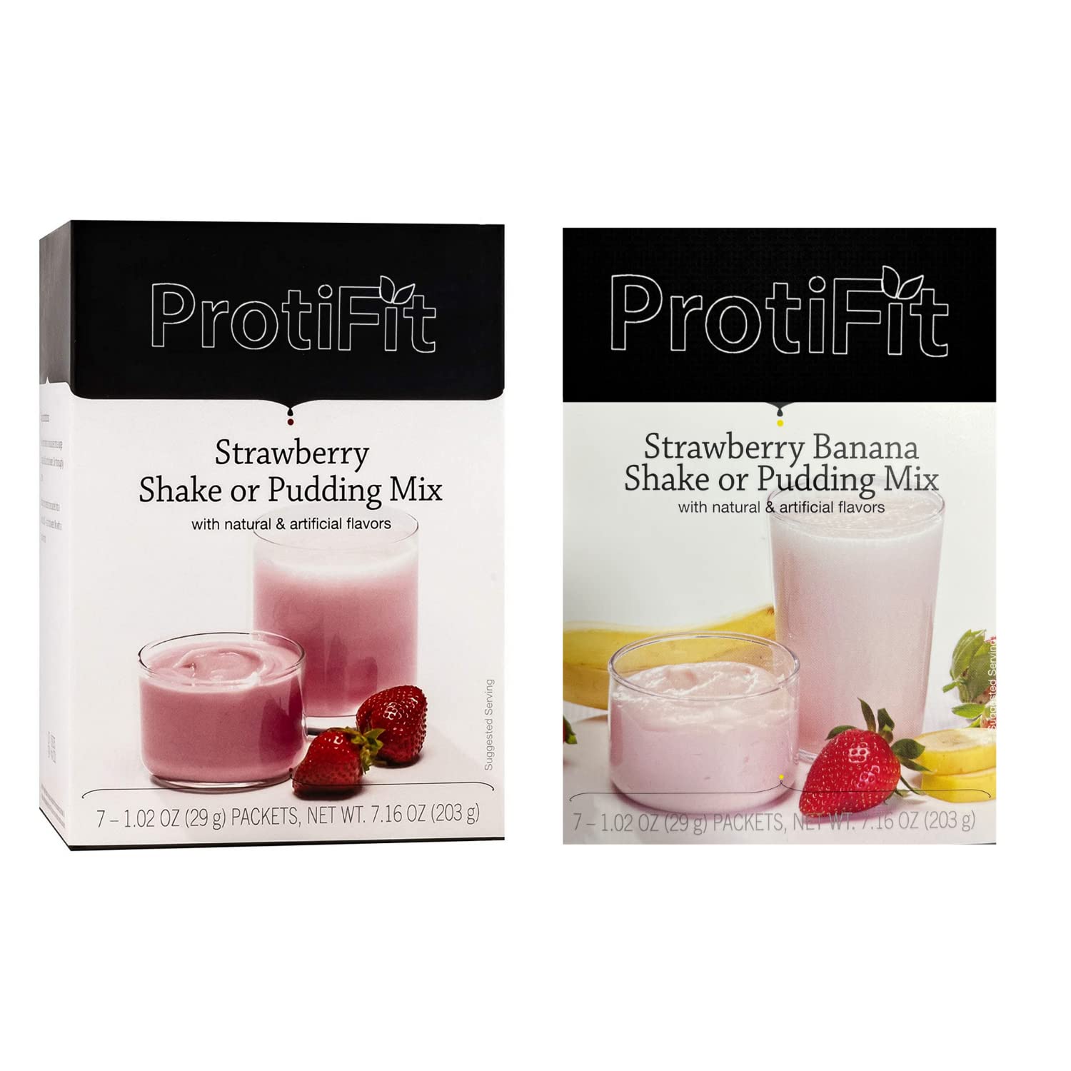 PROTIFIT - High Protein Strawberry & Strawberry Banana Pudding & Shake Mix 2 Pack, 15g Protein, Low Calorie, Low Fat, Low Carb, Aspartame Free, Idea