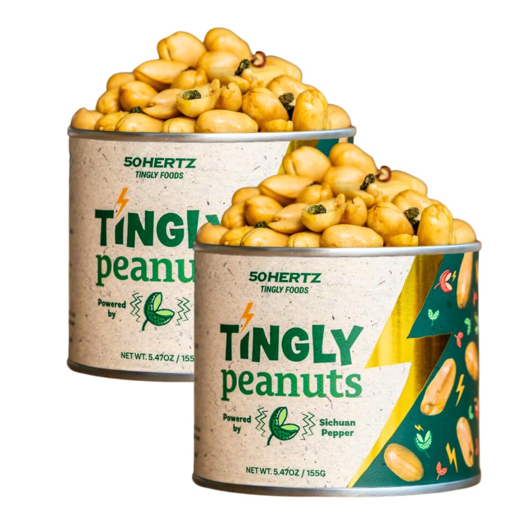 50Hertz Tingly Peanuts 5.5 oz Can (2 Pack) - Extra Large Crunchy Peanuts with Sichuan Pepper (Szechuan Peppercorn) - Tongue-Tingling Mala Numbing