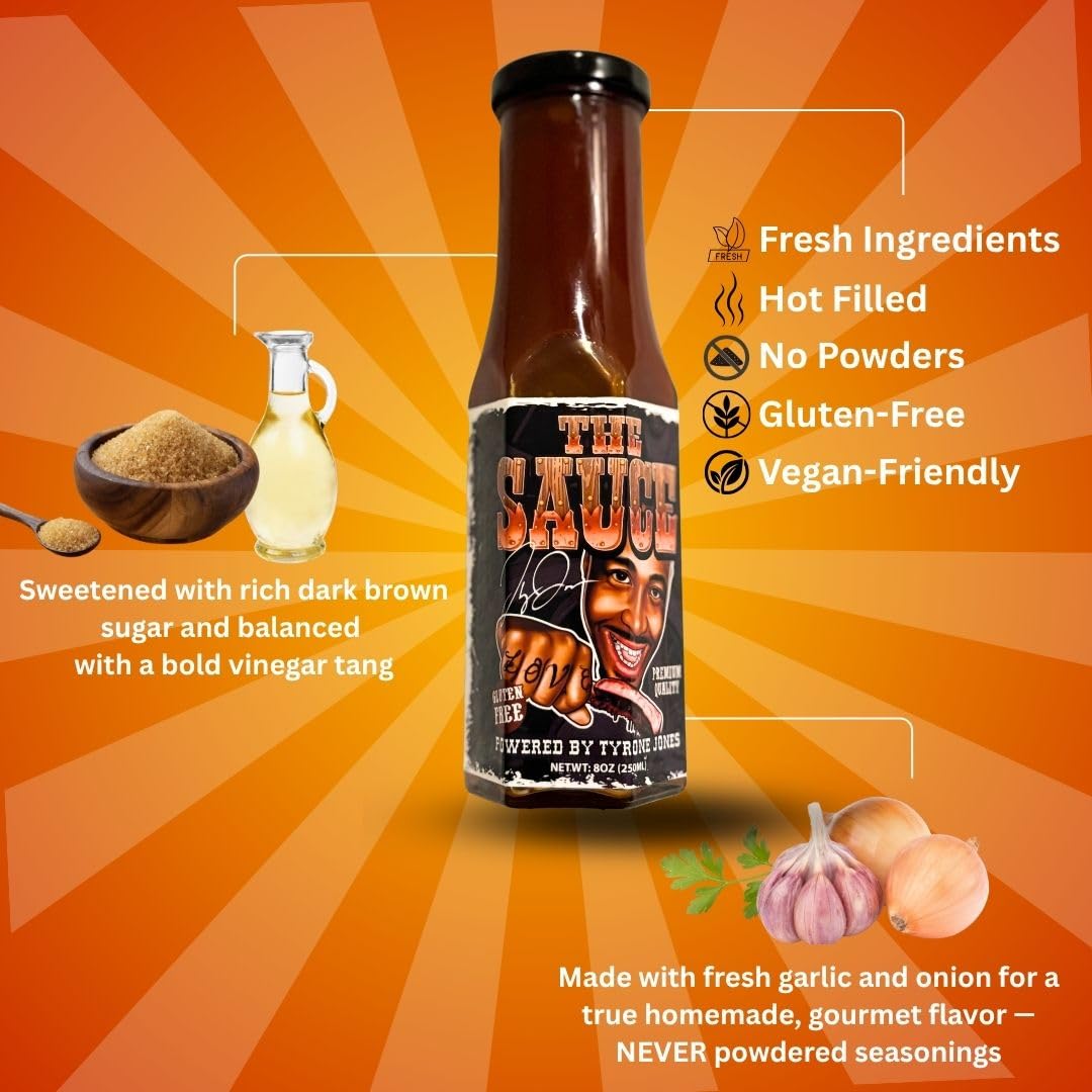 The Sauce Powered By Tyrone Jones BBQ Barbecue Sauce (8 ounce) | Gluten Free, Small Batch, Premium Quality Ingredients, Great for Grilling, Dipping or