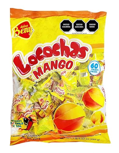 BENY LOCOCHAS MANGO FLAVORED HARD CANDY WITH CHILI CENTER 1LB .98OZ BAG 60PCS