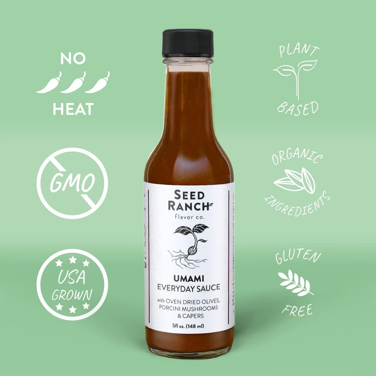 Seed Ranch Umami Everyday Hot Sauce, 5 Fl. Oz., 3 Pack - Mild Heat Flavor - Oven Dried Olives, Porcini Mushrooms & Capers - Vegan, Non-GMO