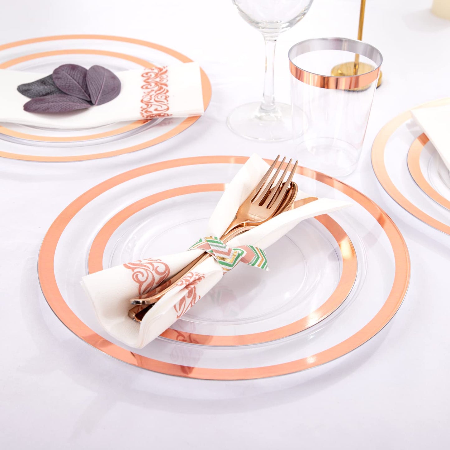 YOUBET 175PCS Rose Gold Plastic Plates - Clear Plastic Plates Disposable with Rose Gold Rim includes 50 Plates, 25Forks, 25Knives, 25Spoons, 25Cups