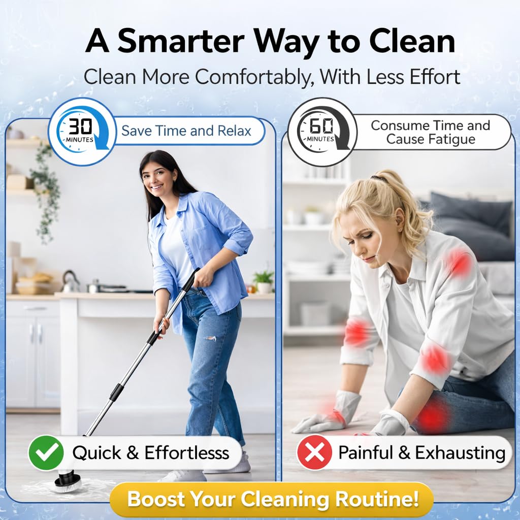 Premium Electric Bathroom Cleaning Brush, Waterproof Cordless Bathroom & Kitchen Cleaning Brush with Adjustable Handle & 9 Replaceable Heads