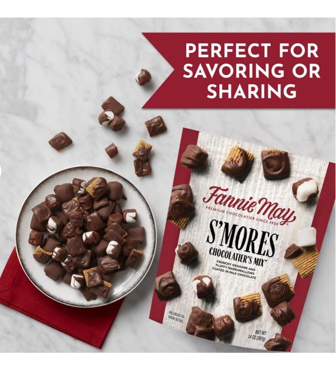 Fannie May S'Mores Chocolatier's Mix, Milk Chocolate Coated Graham Crackers and Marshmallows, 14 oz, 1 Bag
