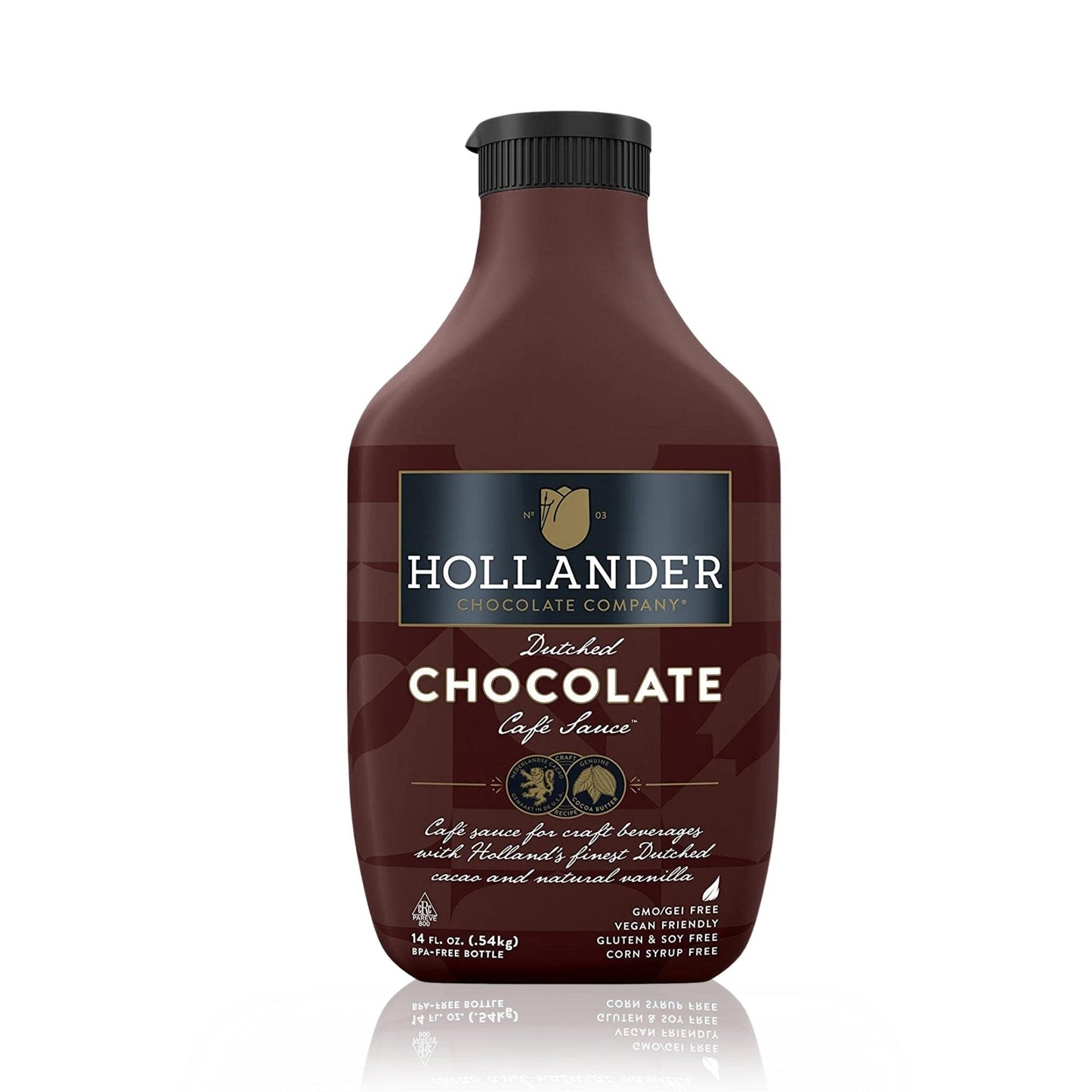 Hollander Dutched Chocolate Cafe Sauce | Vegan Friendly, GMO-Free, Gluten/Soy Free, Corn Syrup Free | 15 fl. oz. Squeeze Bottle