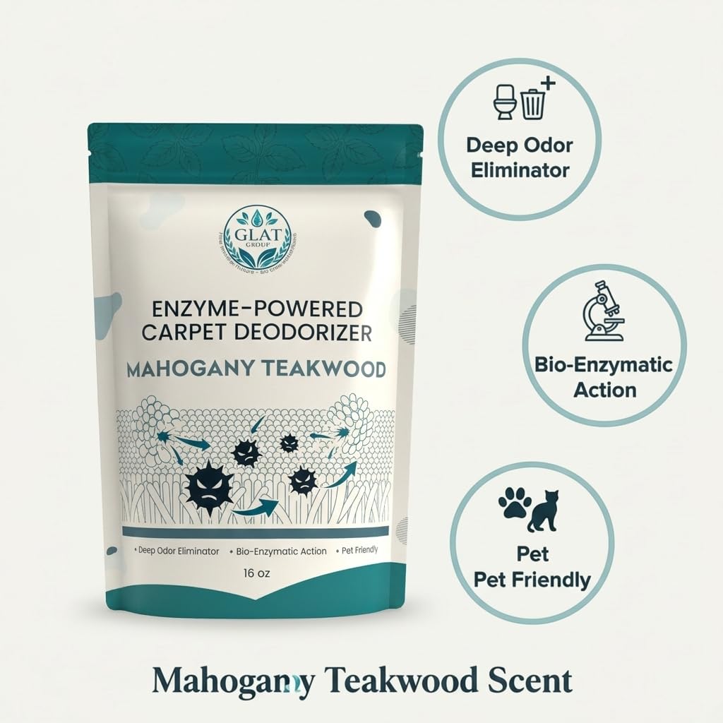GLAT Group Enzyme-Powered Carpet Deodorizer (Powder) - Mahogany Teakwood | Natural Pet Odor Eliminator | Bio-Enzymatic Formula, Premium Performance