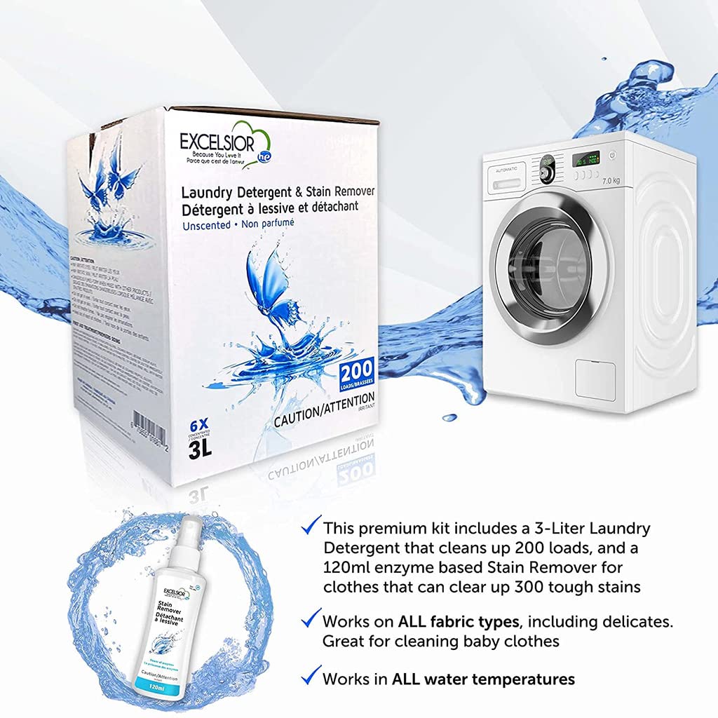 Excelsior Liquid Laundry Detergent Unscented HE Concentrated, 200 Loads 3 Liter, Enzyme Stain Remover, Front Load and Top Load Compatible