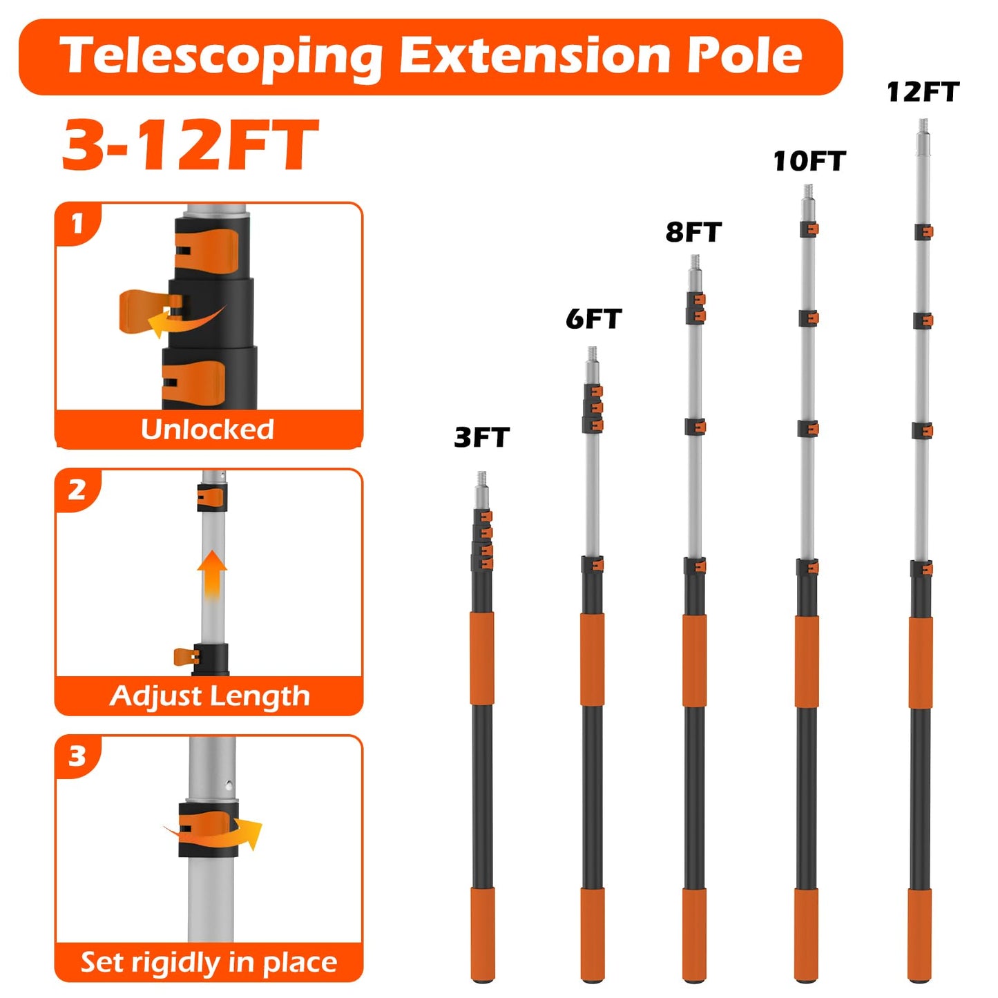 16FT Reach High Ceiling Duster Kits with 3-12FT Adjustable Pole - Includes Extra Long Duster, High Ceiling Duster, Rotatable Window Squeegee & Cobweb