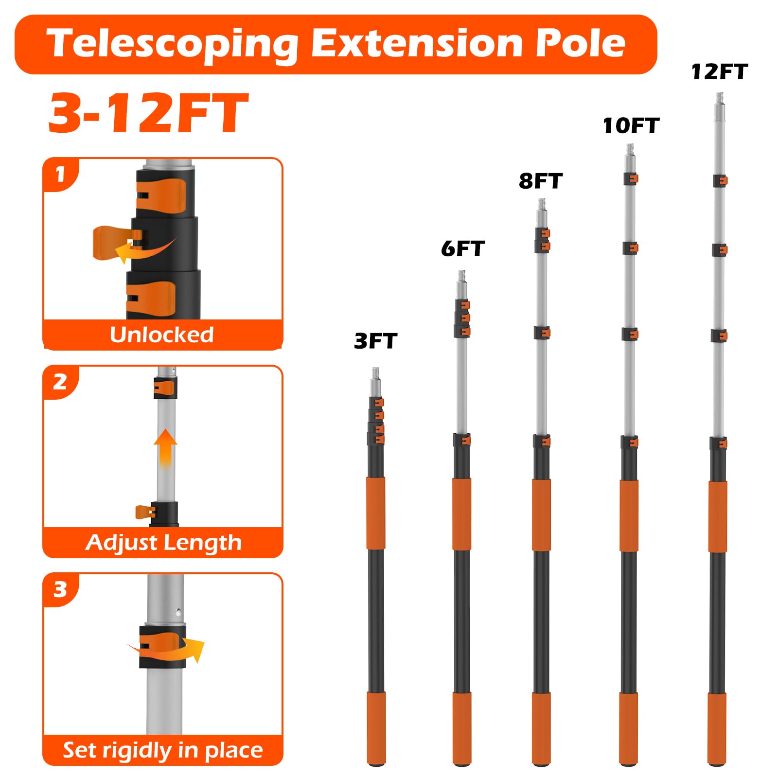 16FT Reach High Ceiling Duster Kits with 3-12FT Adjustable Pole - Includes Extra Long Duster, High Ceiling Duster, Rotatable Window Squeegee & Cobweb