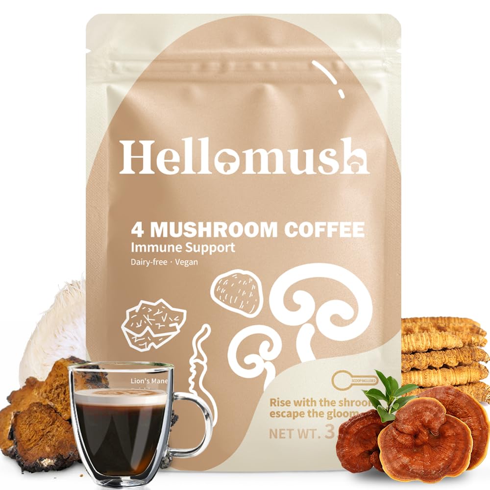 Hellomush Organic Instant Mushroom Coffee with Lions Mane, Reishi, Chaga and Cordyceps Coffee 30 Servings 3.7 oz