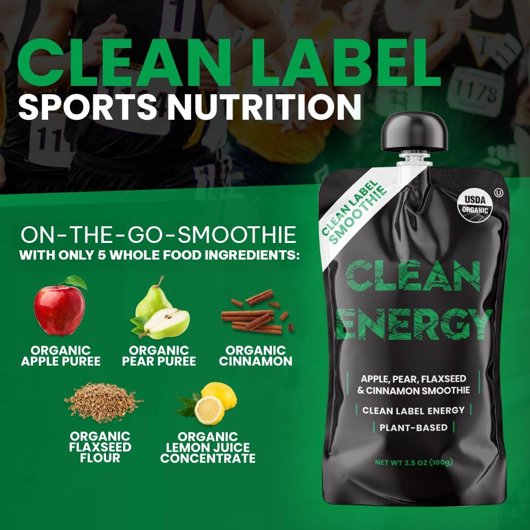Clean Label Organic Fruit Smoothie Sports Pouches - Healthy Nutrition Drinks, Gluten Free, Caffeine Free, Vegan, Kosher, Convenient Snacks - Apple