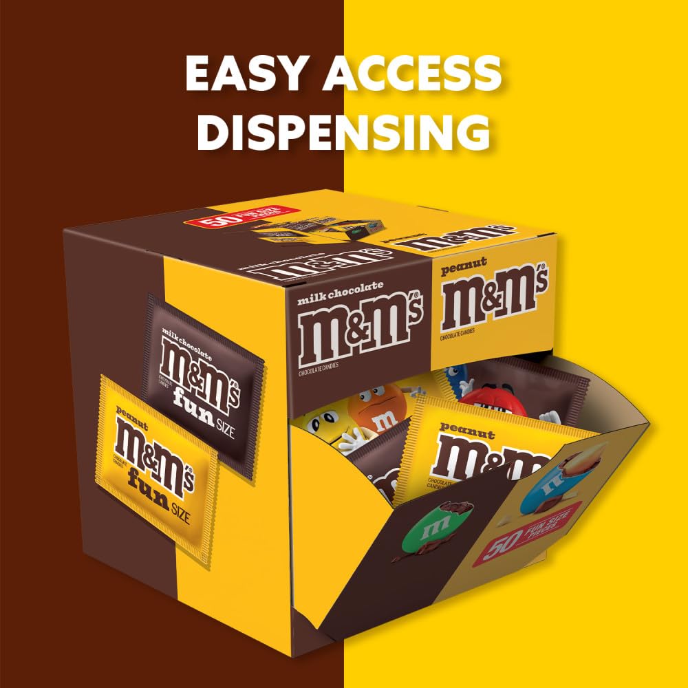 M&M'S Milk Chocolate & M&M'S Peanut Fun Size Candy Individually Wrapped Milk Chocolate Variety Pack Pantry Cube Easy Open and Close Dispenser