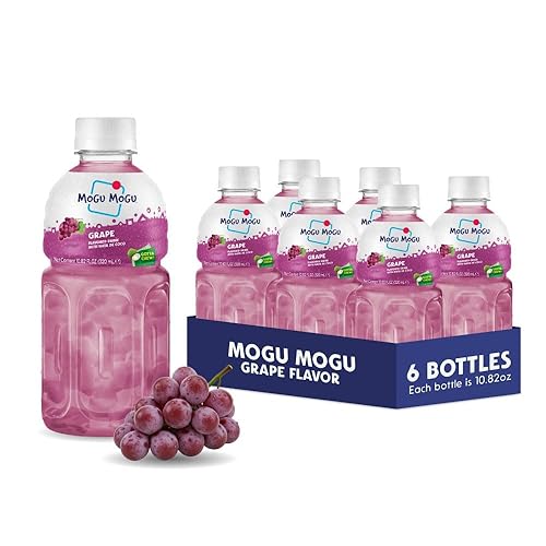 Mogu Mogu Grape Juice Drink with Nata de Coco (Coconut Jelly) - Chewy Fruit Beverage for Kids & Adults, 6 Pack Bottles, 10.82 fl oz Each