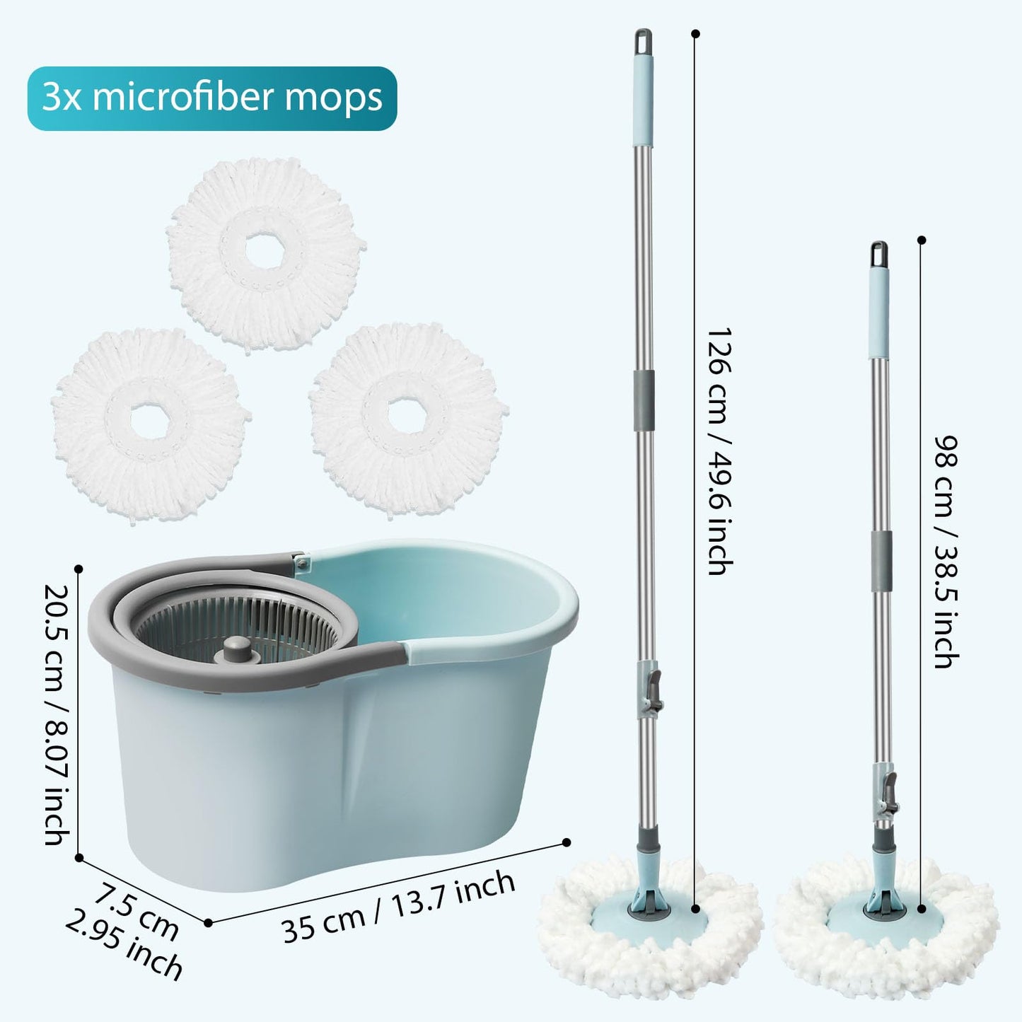Spin Mop and Bucket with Wringer Set, Operable 360° Rotating Mop Bucket Set with 3 Microfiber Replacement Head, Stainless Steel Extended Handle