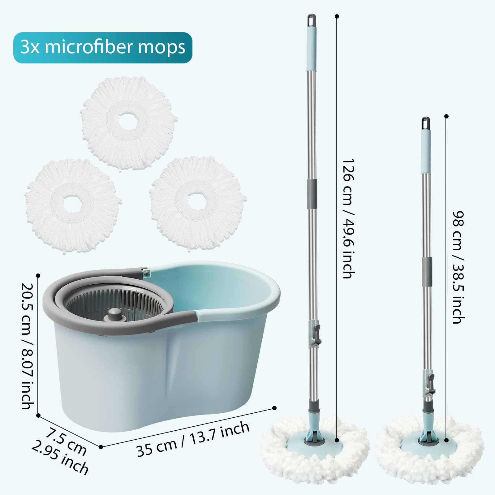 Spin Mop and Bucket with Wringer Set, Operable 360° Rotating Mop Bucket Set with 3 Microfiber Replacement Head, Stainless Steel Extended Handle