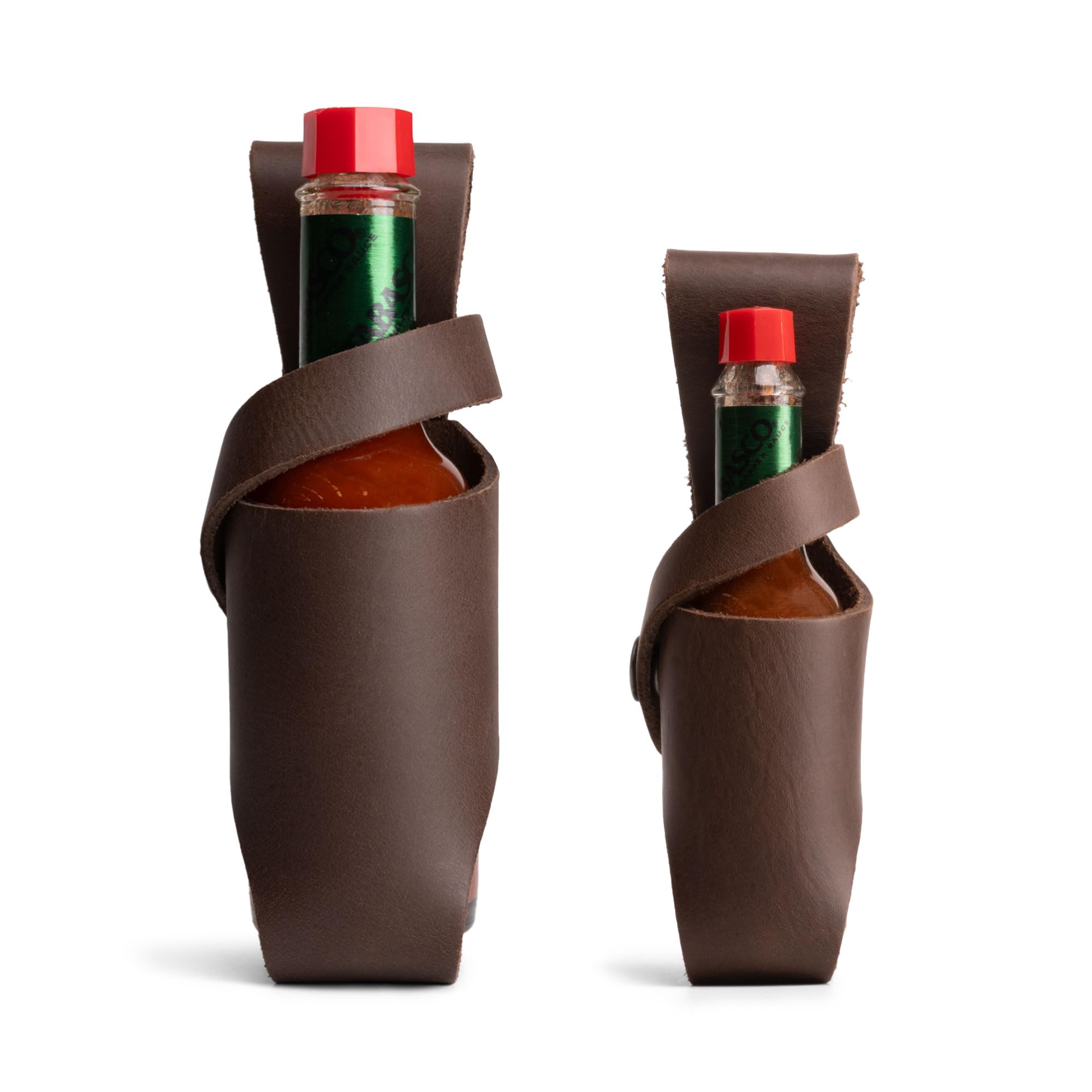 Hide & Drink, Set of 2 Hot Sauce Holsters 5oz & 2oz Bottle Belt Sheath, Compatible with Tobasco Cholulah Sriracha Hot Sauce, Bottle Holder, Full Grain