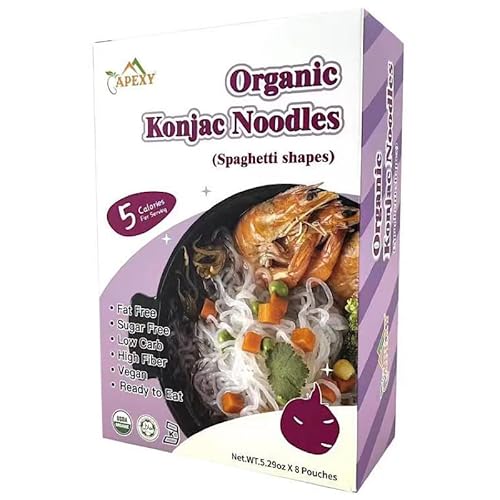 Apexy Organic Shirataki Konjac Noodle 8 Pouches Total 42.24oz. Low Calorie, Low-Carb Gluten Free, Vegan, Keto and Paleo-Friendly. (Spaghetti Shapes)