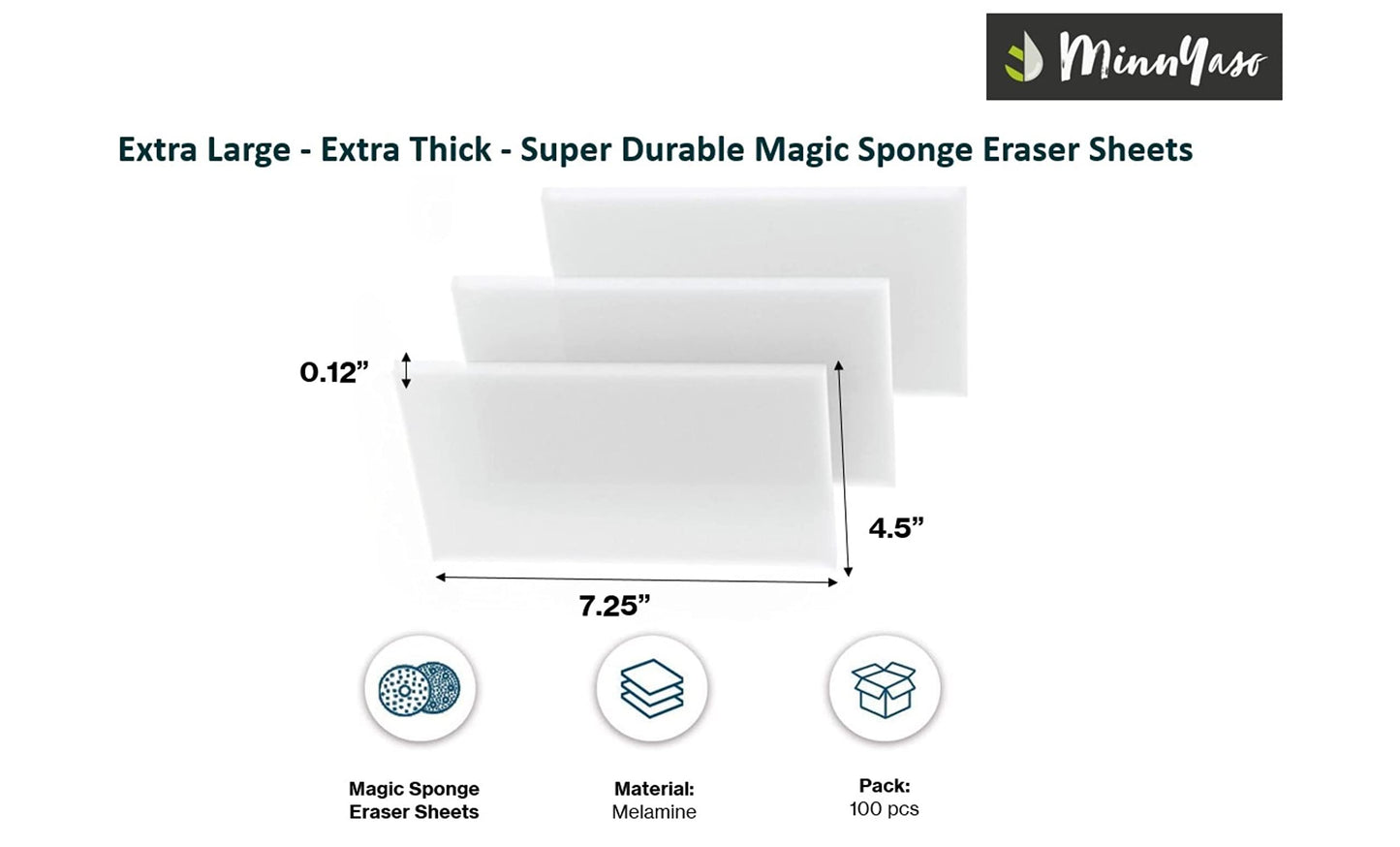 MinnYaso 100 Pack Extra Large - Extra Thick - Super Durable Magic Sponge Eraser Sheets 7.25" x 4.5" x 0.12" | All Purpose Household Cleaner Pads