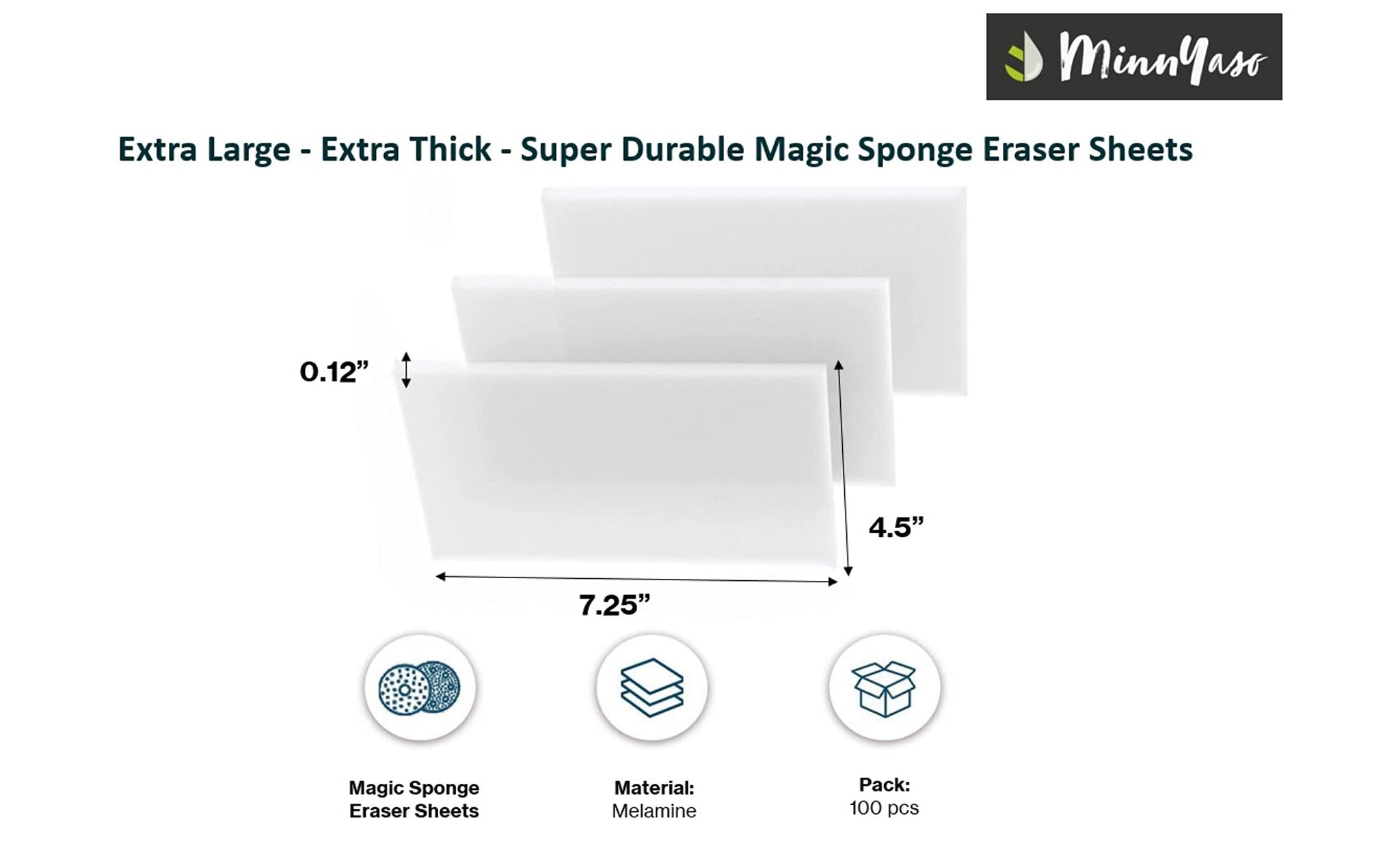 MinnYaso 100 Pack Extra Large - Extra Thick - Super Durable Magic Sponge Eraser Sheets 7.25" x 4.5" x 0.12" | All Purpose Household Cleaner Pads