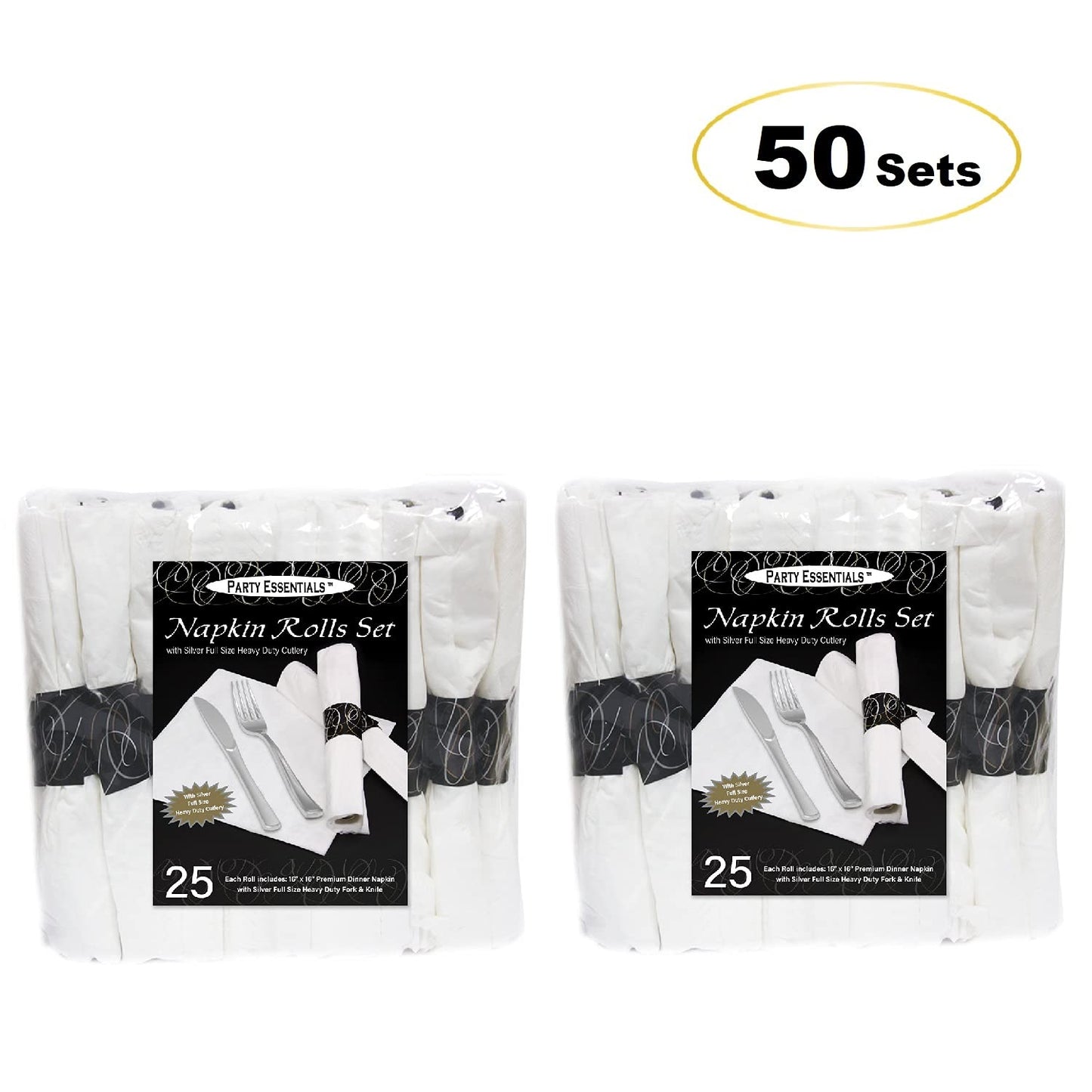 Party Essentials Party Supplies Wrapped Silverware Set Disposable, Pre Rolled Napkin and Cutlery, Forks/Knives Silver, 50 Units