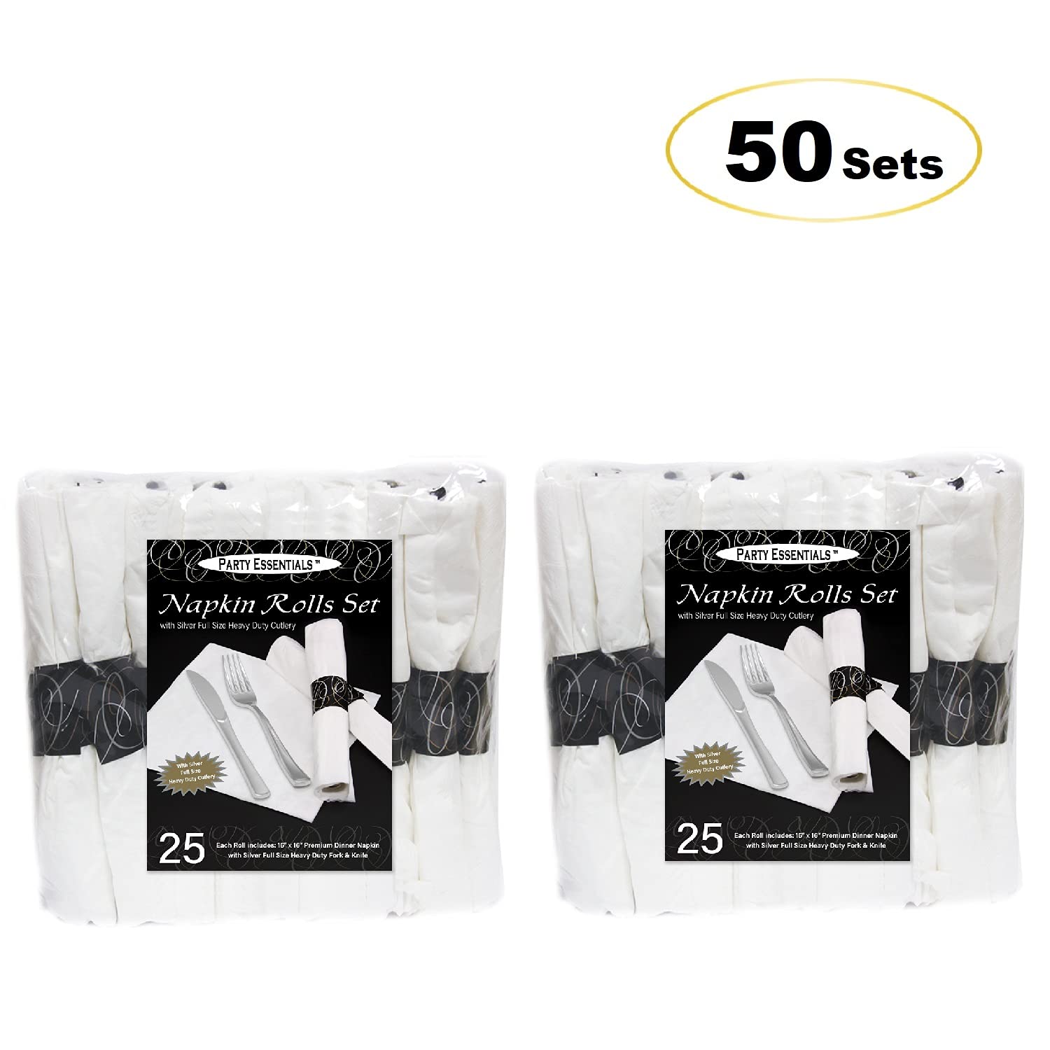 Party Essentials Party Supplies Wrapped Silverware Set Disposable, Pre Rolled Napkin and Cutlery, Forks/Knives Silver, 50 Units